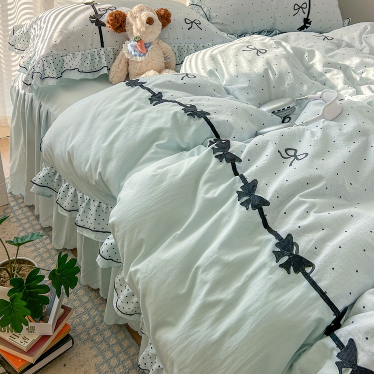 91家纺网 家纺一手货源 找家纺 （总）金盛皇朝家纺 2026新款皱皱纱双层纱水洗棉ins小清新蕾丝花边韩版床裙四件套