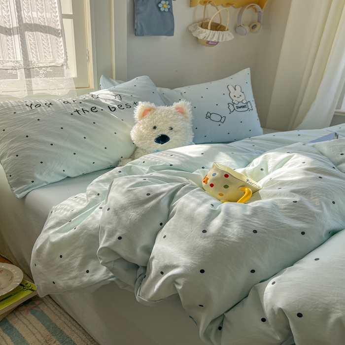 91家纺网 家纺一手货源 找家纺 （总）金盛皇朝家纺 2026新款仿棉木棉水洗棉绣花ins小清新床裙床单款四件套-糖果兔系列