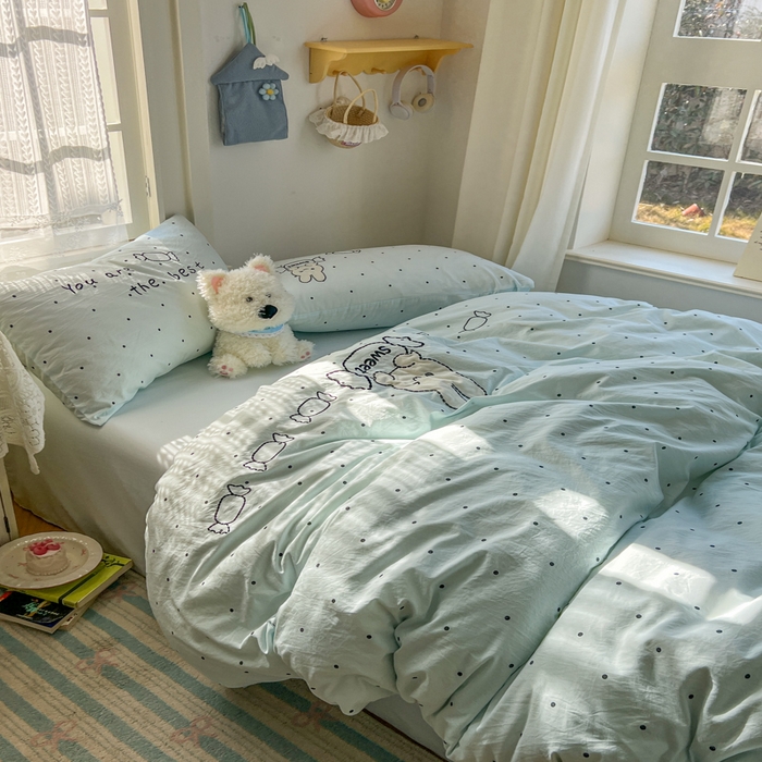 91家纺网 家纺一手货源 找家纺 （总）金盛皇朝家纺 2026新款仿棉木棉水洗棉绣花ins小清新床裙床单款四件套-糖果兔系列