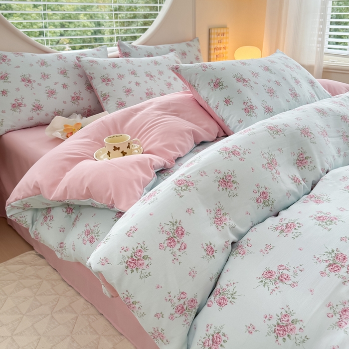 91家纺网 家纺一手货源 找家纺 爱多多家居 2026新款双层纱针织棉印花单被套 玫瑰花园