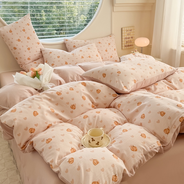 91家纺网 家纺一手货源 找家纺 爱多多家居 2026新款双层纱针织棉印花单被套 南瓜派