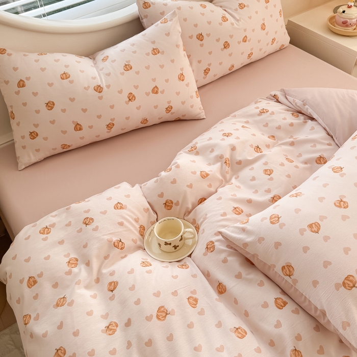 91家纺网 家纺一手货源 找家纺 爱多多家居 2026新款双层纱针织棉印花单被套 南瓜派