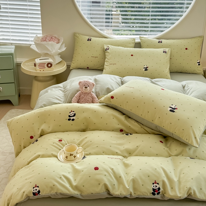 91家纺网 家纺一手货源 找家纺 爱多多家居 2026新款双层纱针织棉印花单被套 熊猫绿