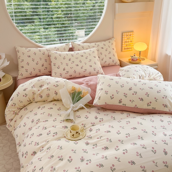 91家纺网 家纺一手货源 找家纺 爱多多家居 2026新款双层纱针织棉印花单被套 郁金香