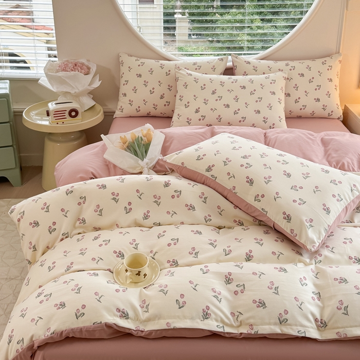 91家纺网 家纺一手货源 找家纺 爱多多家居 2026新款双层纱针织棉印花单被套 郁金香