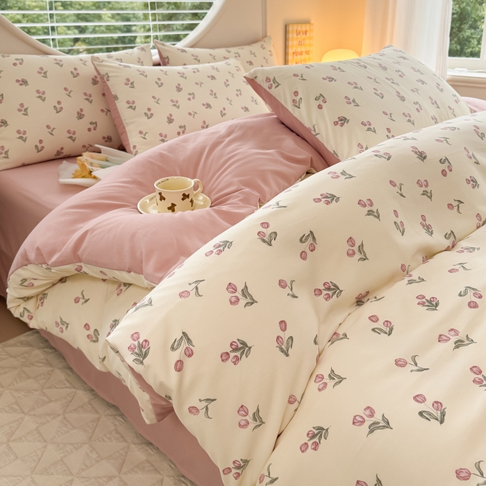 91家纺网 家纺一手货源 找家纺 爱多多家居 2026新款双层纱针织棉印花单被套 郁金香