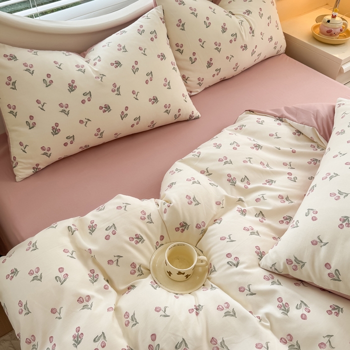 91家纺网 家纺一手货源 找家纺 爱多多家居 2026新款双层纱针织棉印花单被套 郁金香