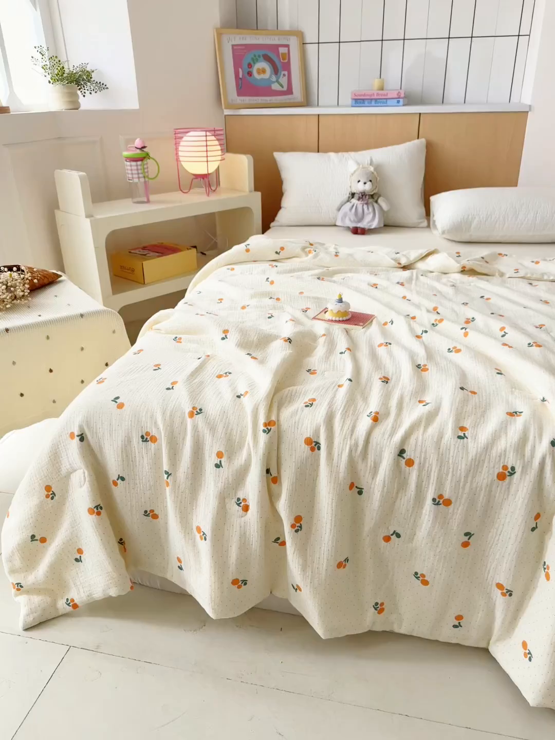 91家纺网 家纺一手货源 找家纺 薇玛仕 2026新款A类全棉双层皱皱纱印花款大豆夏凉被空调被亲子被卡通儿童被 小樱桃