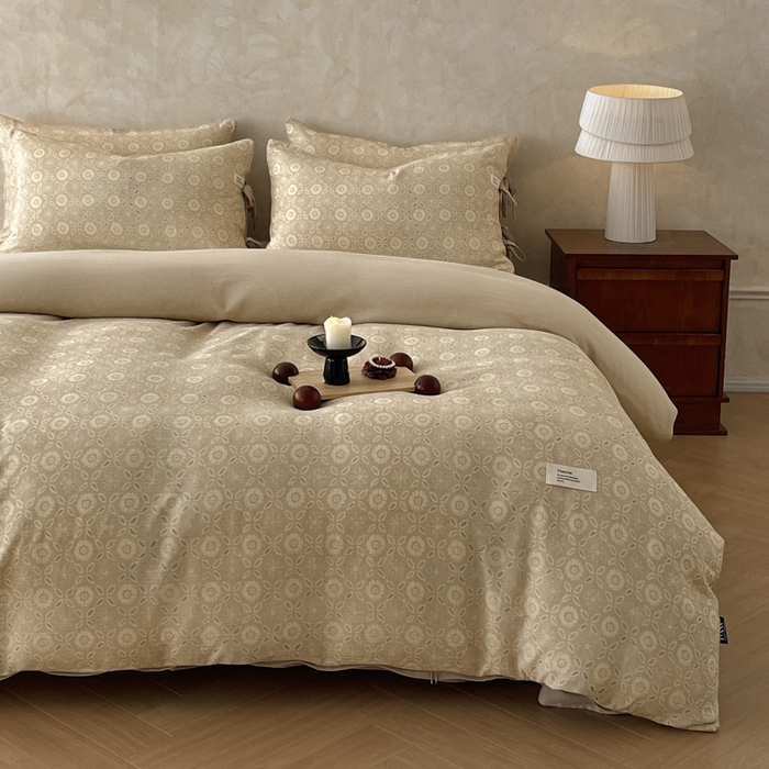 91家纺网 家纺一手货源 找家纺 禾时 2026新款棉麻印花工艺款四件套 卡丽奥