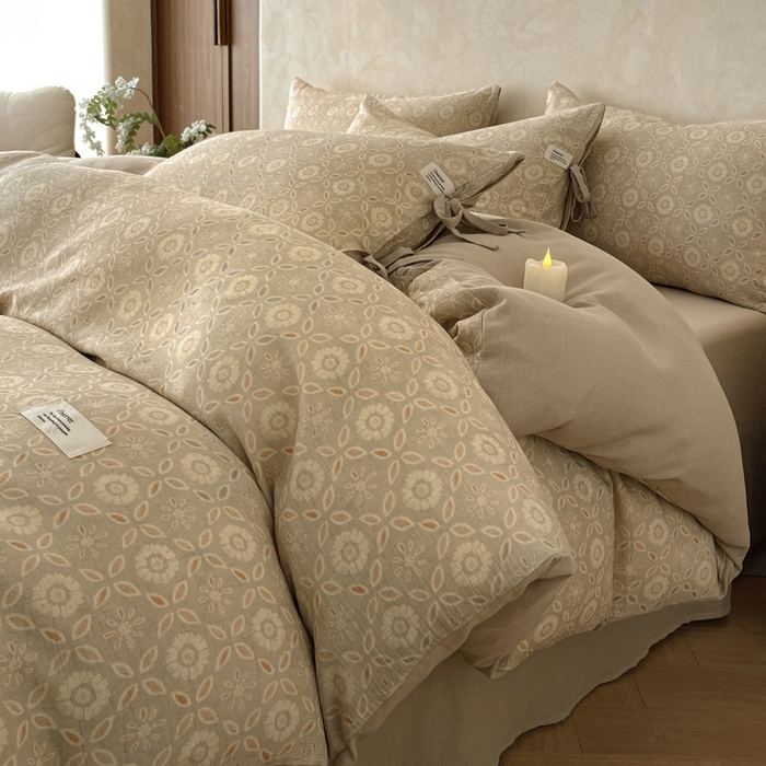 91家纺网 家纺一手货源 找家纺 禾时 2026新款棉麻印花工艺款四件套 卡丽奥