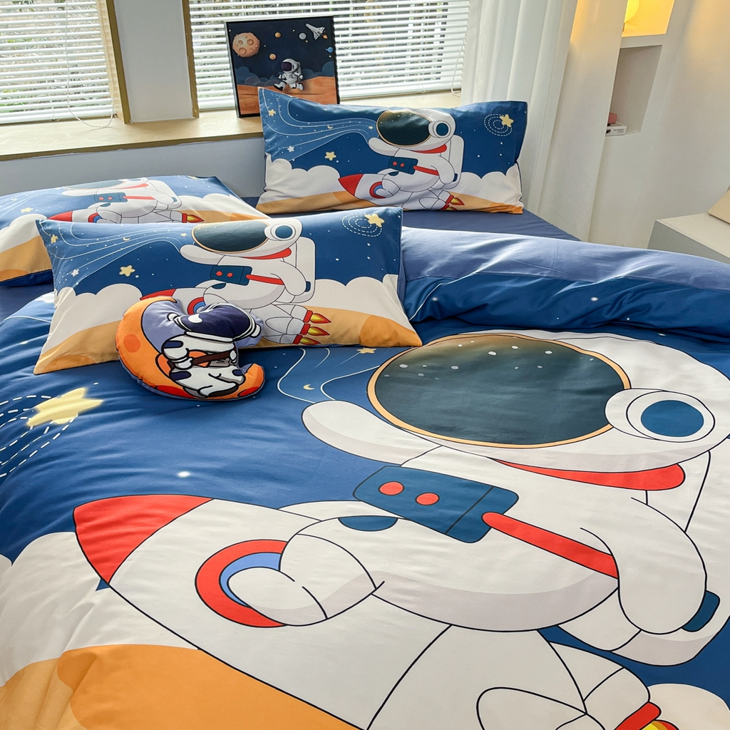 91家纺网 家纺一手货源 找家纺 孩子王 2025新款亲肤活性大版纯棉专版太空人卡通学生儿童宿舍四件套系列 航天火箭