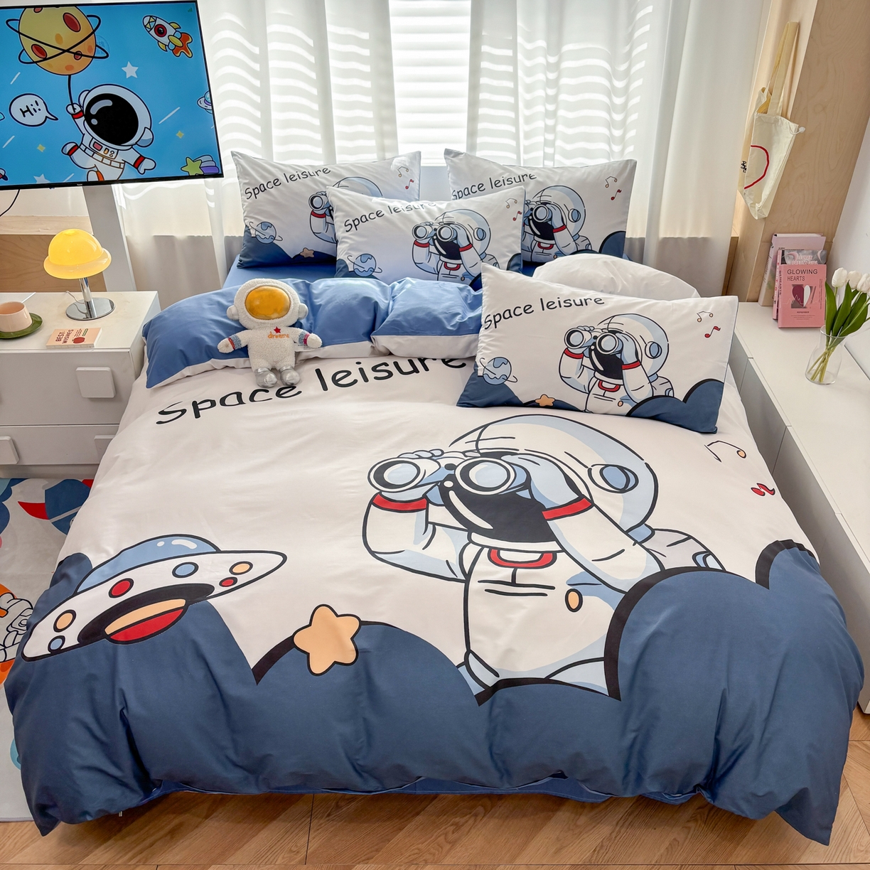 孩子王 2025新款亲肤活性大版纯棉专版太空人卡通学生儿童宿舍四件套系列 星际观察员
