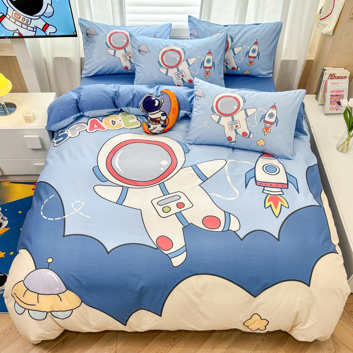91家纺网 家纺一手货源 找家纺 孩子王 2025新款亲肤活性大版纯棉专版太空人卡通学生儿童宿舍四件套系列 星球舰长