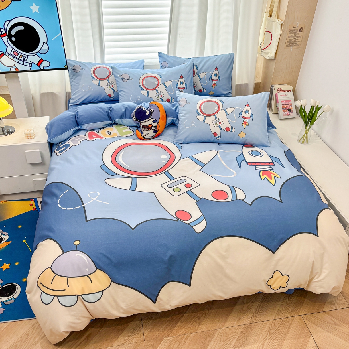 91家纺网 家纺一手货源 找家纺 孩子王 2025新款亲肤活性大版纯棉专版太空人卡通学生儿童宿舍四件套系列 星球舰长