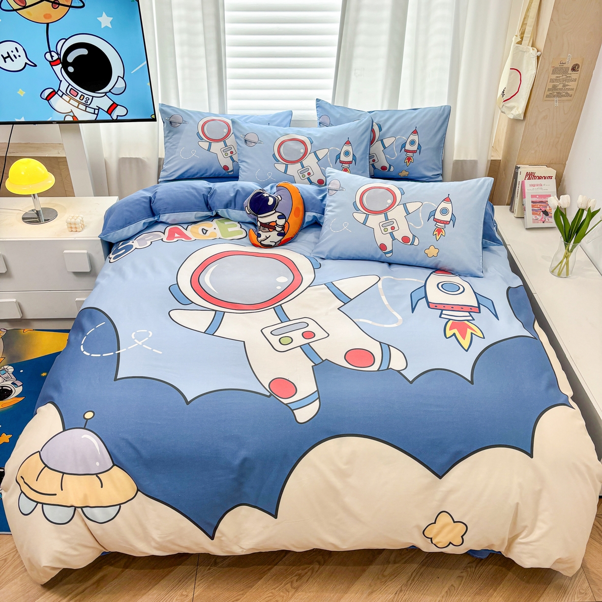 孩子王 2025新款亲肤活性大版纯棉专版太空人卡通学生儿童宿舍四件套系列 星球舰长