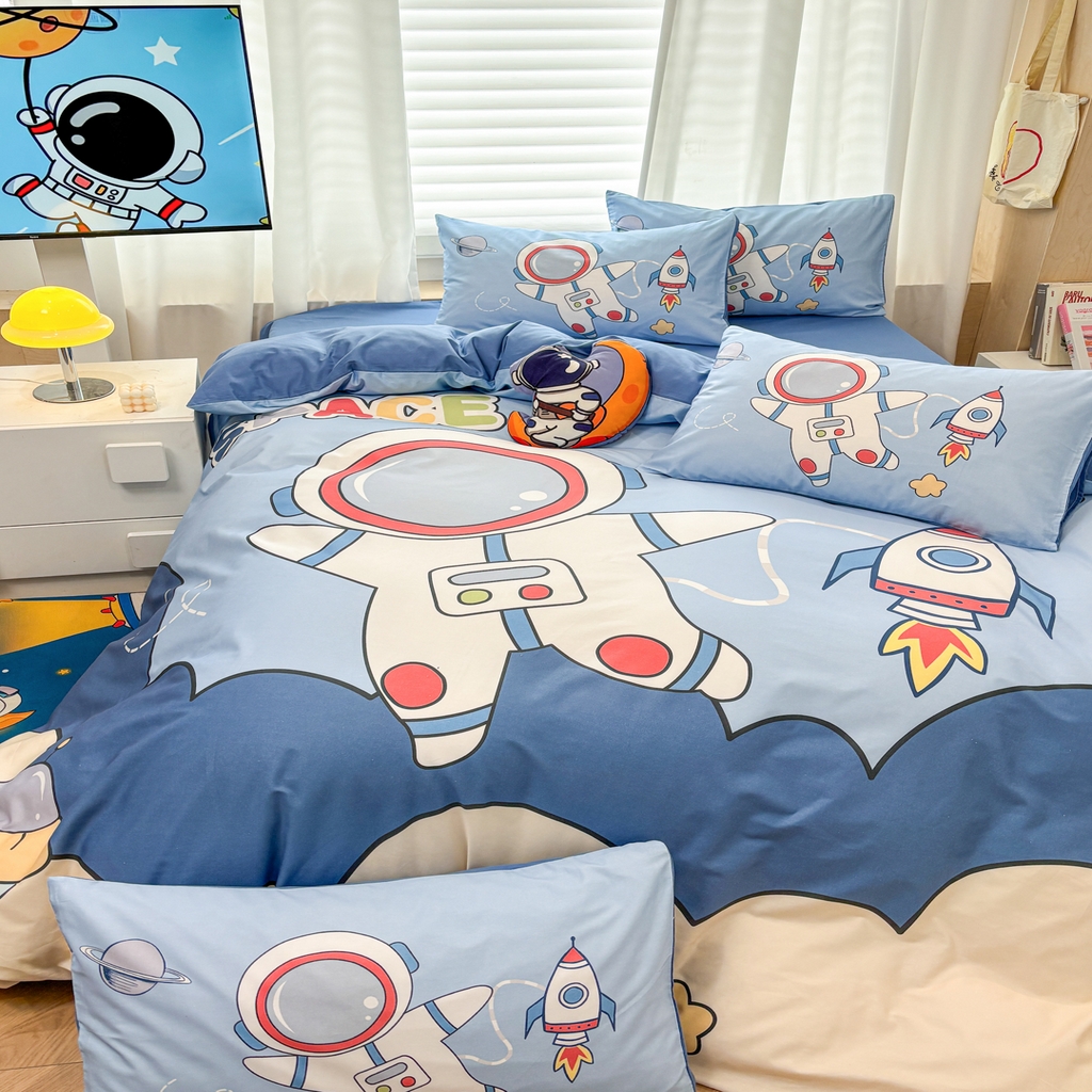 91家纺网 家纺一手货源 找家纺 孩子王 2025新款亲肤活性大版纯棉专版太空人卡通学生儿童宿舍四件套系列 星球舰长