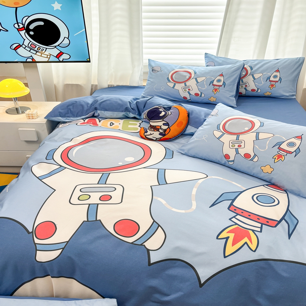 91家纺网 家纺一手货源 找家纺 孩子王 2025新款亲肤活性大版纯棉专版太空人卡通学生儿童宿舍四件套系列 星球舰长