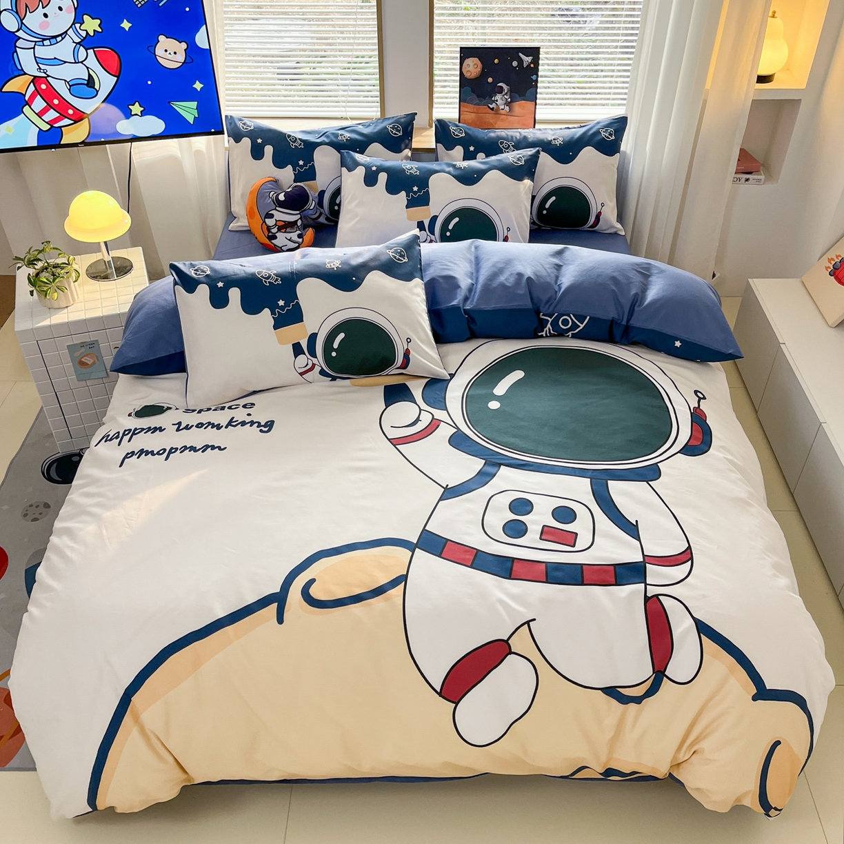 孩子王 2025新款亲肤活性大版纯棉专版太空人卡通学生儿童宿舍四件套系列 艺术宇航员