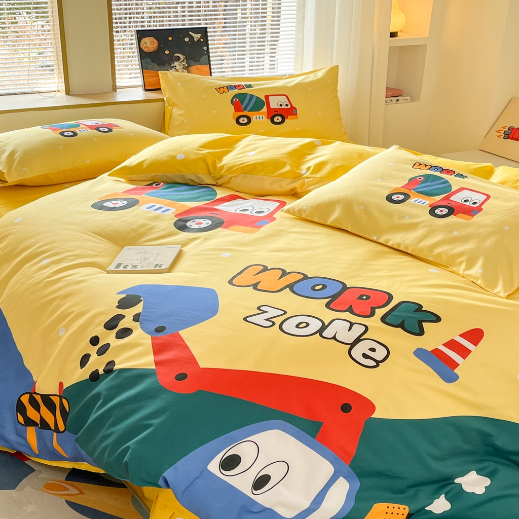 91家纺网 家纺一手货源 找家纺 孩子王 2025新款亲肤活性大版纯棉专版太空人卡通学生儿童宿舍四件套系列 挖掘机