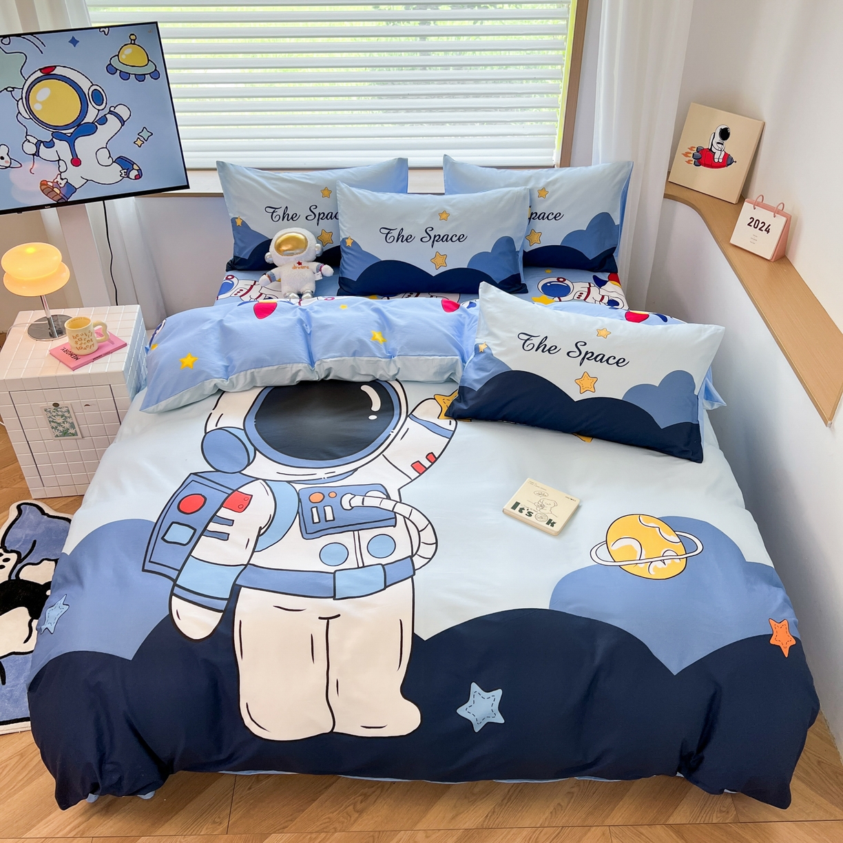 孩子王 2025新款亲肤活性大版纯棉专版太空人卡通学生儿童宿舍四件套系列 宇航火箭