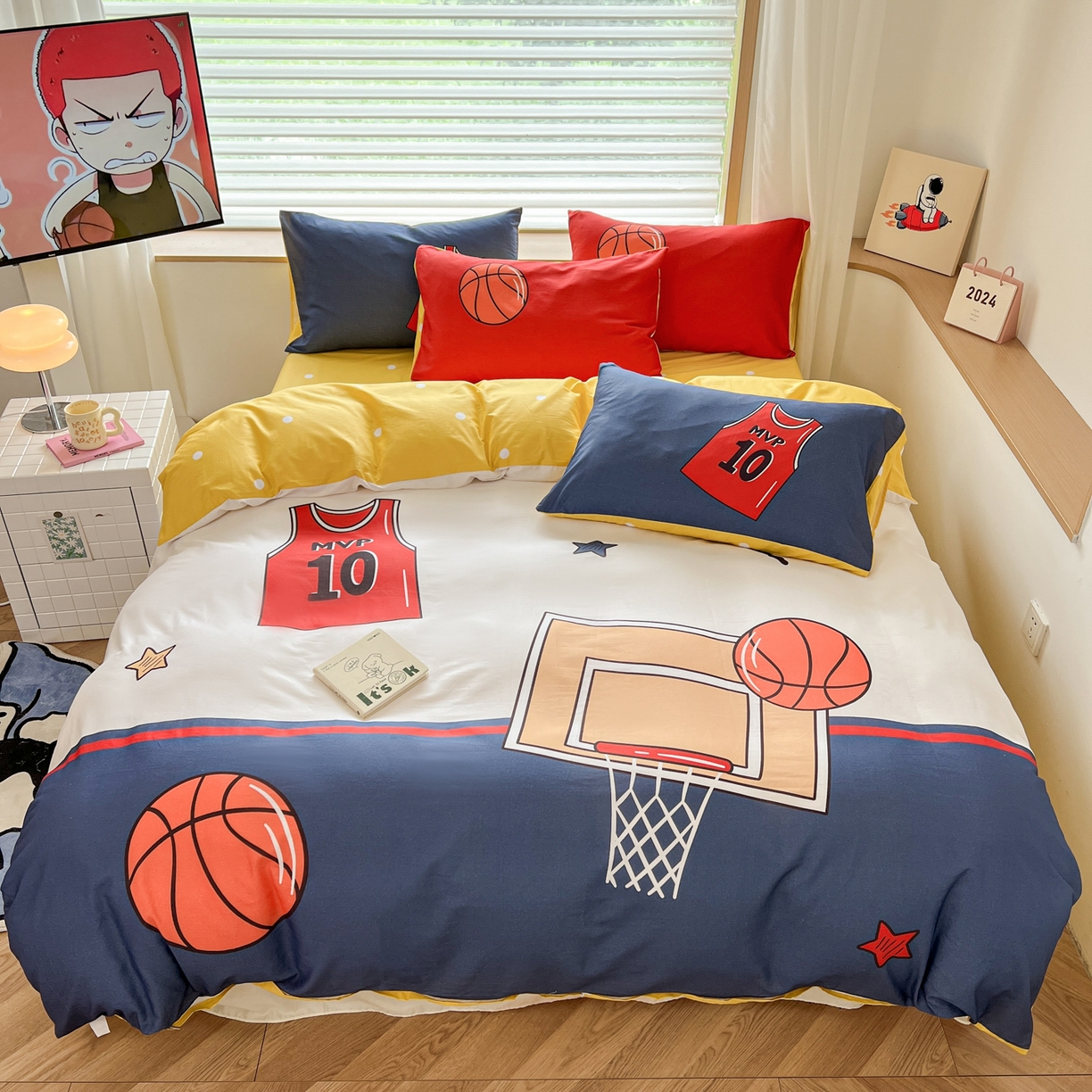 孩子王 2025新款亲肤活性大版纯棉专版太空人卡通学生儿童宿舍四件套系列 灌篮少年