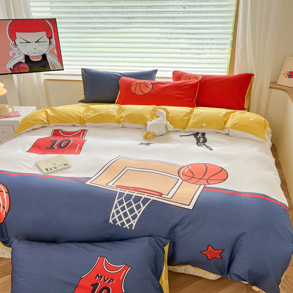 91家纺网 家纺一手货源 找家纺 孩子王 2025新款亲肤活性大版纯棉专版太空人卡通学生儿童宿舍四件套系列 灌篮少年