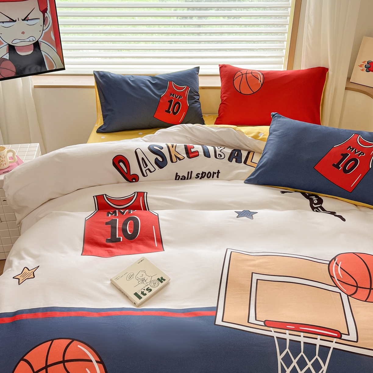 91家纺网 家纺一手货源 找家纺 孩子王 2025新款亲肤活性大版纯棉专版太空人卡通学生儿童宿舍四件套系列 灌篮少年