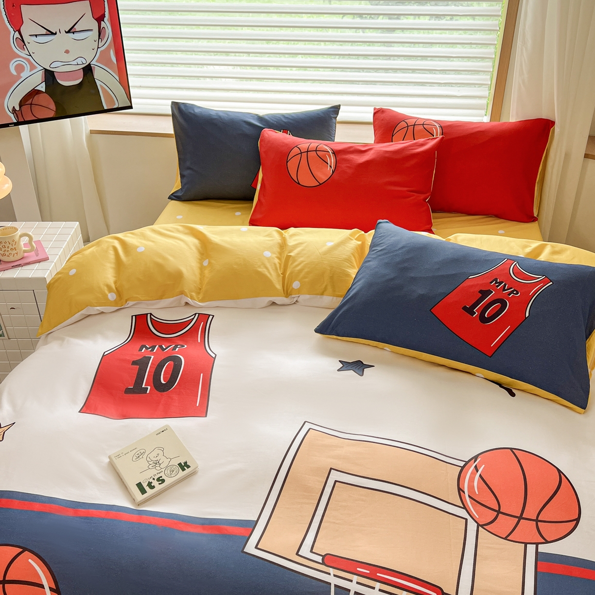 91家纺网 家纺一手货源 找家纺 孩子王 2025新款亲肤活性大版纯棉专版太空人卡通学生儿童宿舍四件套系列 灌篮少年