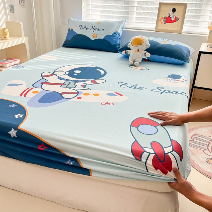 91家纺网 家纺一手货源 找家纺 （总）孩子王家纺 2026新款卡通全棉纯棉专版太空人印花单床笠床笠单件单品床笠