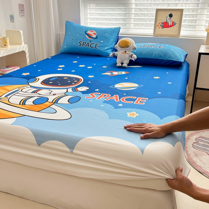 91家纺网 家纺一手货源 找家纺 （总）孩子王家纺 2026新款卡通全棉纯棉专版太空人印花单床笠床笠单件单品床笠