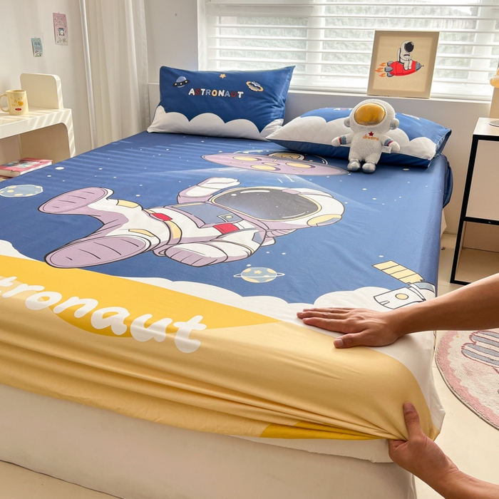 91家纺网 家纺一手货源 找家纺 孩子王家纺 2026新款卡通全棉纯棉专版太空人印花单床笠床笠单件单品床笠 银河漫游