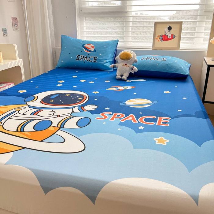 91家纺网 家纺一手货源 找家纺 孩子王家纺 2026新款卡通全棉纯棉专版太空人印花单床笠床笠单件单品床笠 太空旅行