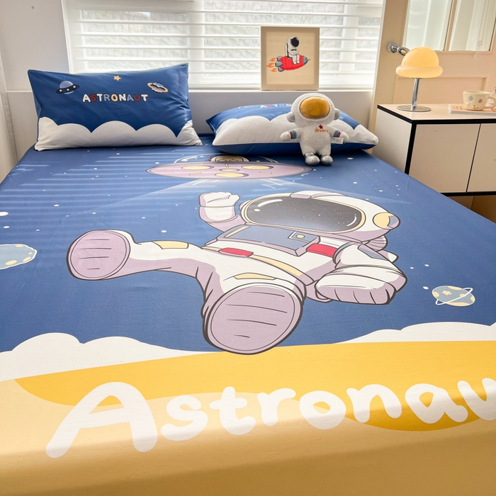 91家纺网 家纺一手货源 找家纺 孩子王家纺 2026新款卡通全棉纯棉专版太空人印花单床笠床笠单件单品床笠 银河漫游