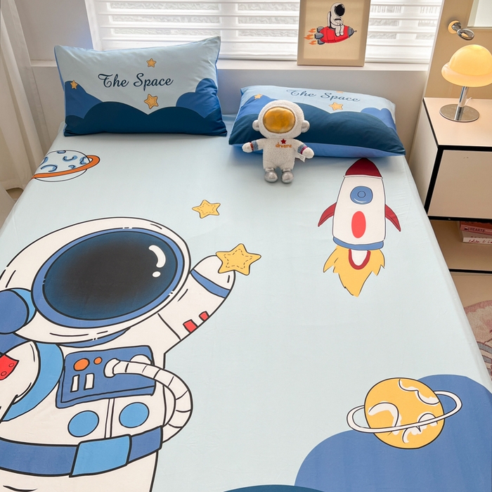 91家纺网 家纺一手货源 找家纺 孩子王家纺 2026新款卡通全棉纯棉专版太空人印花单床笠床笠单件单品床笠 宇航火箭