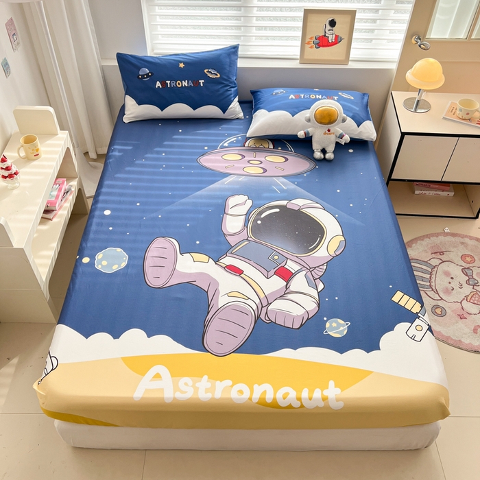 91家纺网 家纺一手货源 找家纺 孩子王家纺 2026新款卡通全棉纯棉专版太空人印花单床笠床笠单件单品床笠 银河漫游