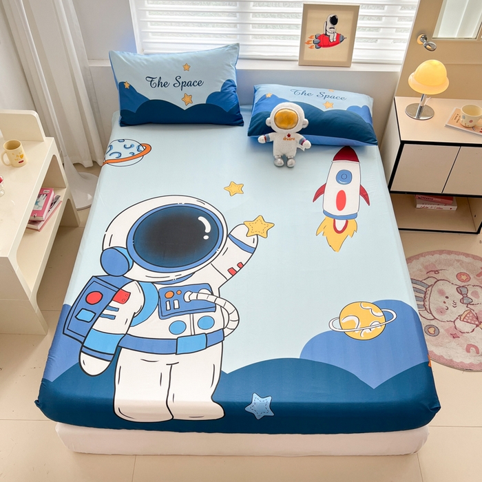 91家纺网 家纺一手货源 找家纺 孩子王家纺 2026新款卡通全棉纯棉专版太空人印花单床笠床笠单件单品床笠 宇航火箭