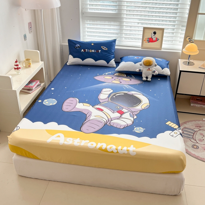 91家纺网 家纺一手货源 找家纺 孩子王家纺 2026新款卡通全棉纯棉专版太空人印花单床笠床笠单件单品床笠 银河漫游