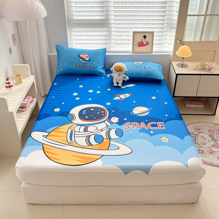 91家纺网 家纺一手货源 找家纺 孩子王家纺 2026新款卡通全棉纯棉专版太空人印花单床笠床笠单件单品床笠 太空旅行