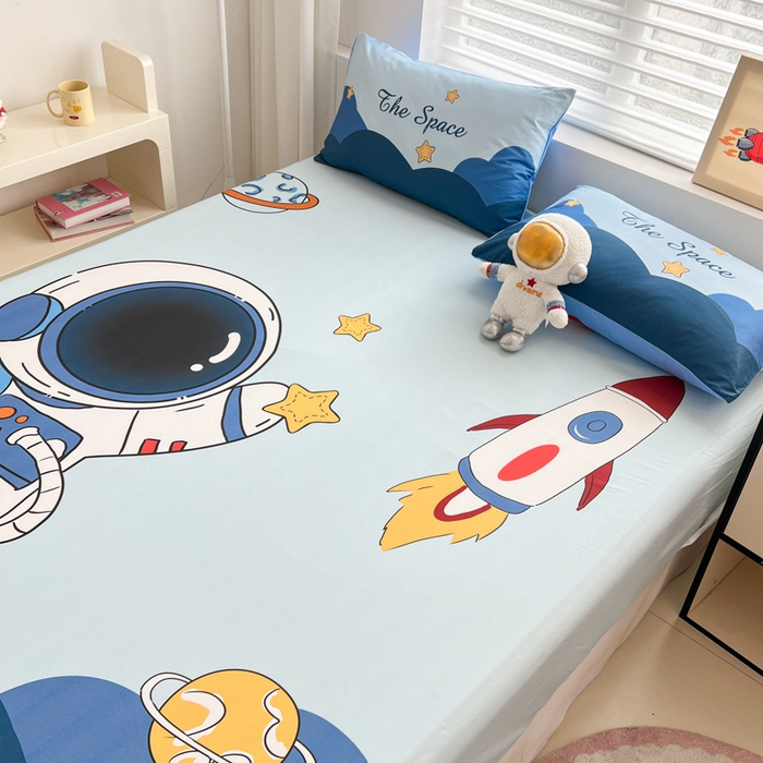 91家纺网 家纺一手货源 找家纺 孩子王家纺 2026新款卡通全棉纯棉专版太空人印花单床笠床笠单件单品床笠 宇航火箭