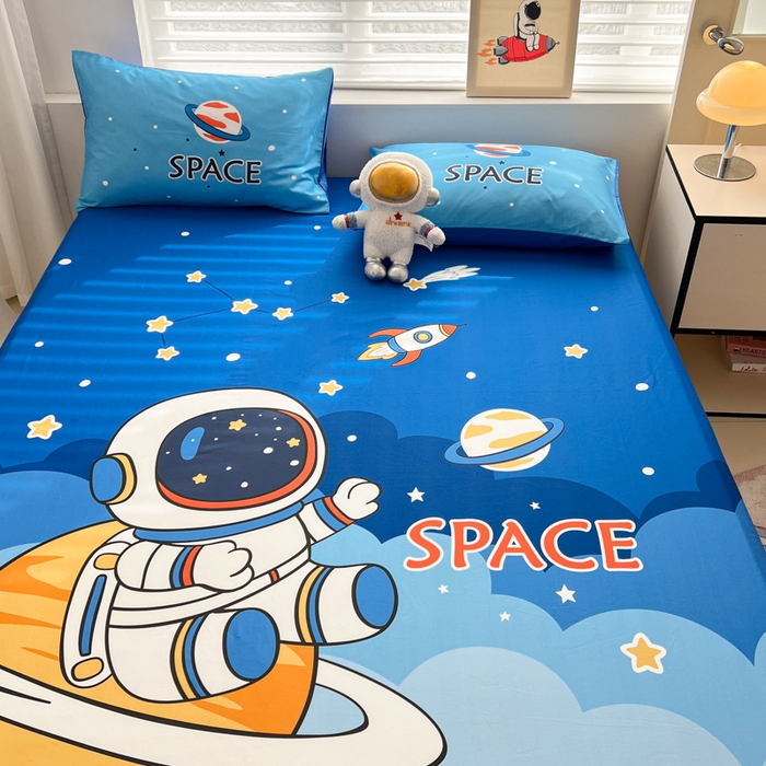 91家纺网 家纺一手货源 找家纺 孩子王家纺 2026新款卡通全棉纯棉专版太空人印花单床笠床笠单件单品床笠 太空旅行