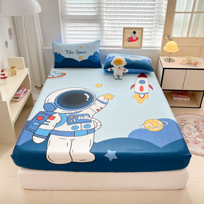 91家纺网 家纺一手货源 找家纺 孩子王家纺 2026新款卡通全棉纯棉专版太空人印花单床笠床笠单件单品床笠 宇航火箭