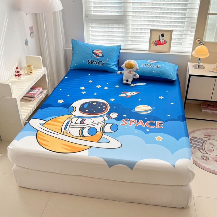 91家纺网 家纺一手货源 找家纺 孩子王家纺 2026新款卡通全棉纯棉专版太空人印花单床笠床笠单件单品床笠 太空旅行