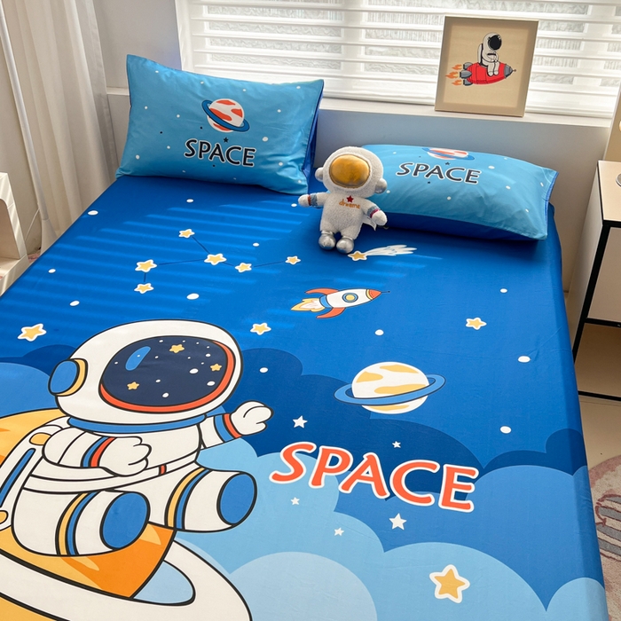91家纺网 家纺一手货源 找家纺 孩子王家纺 2026新款卡通全棉纯棉专版太空人印花单床笠床笠单件单品床笠 太空旅行