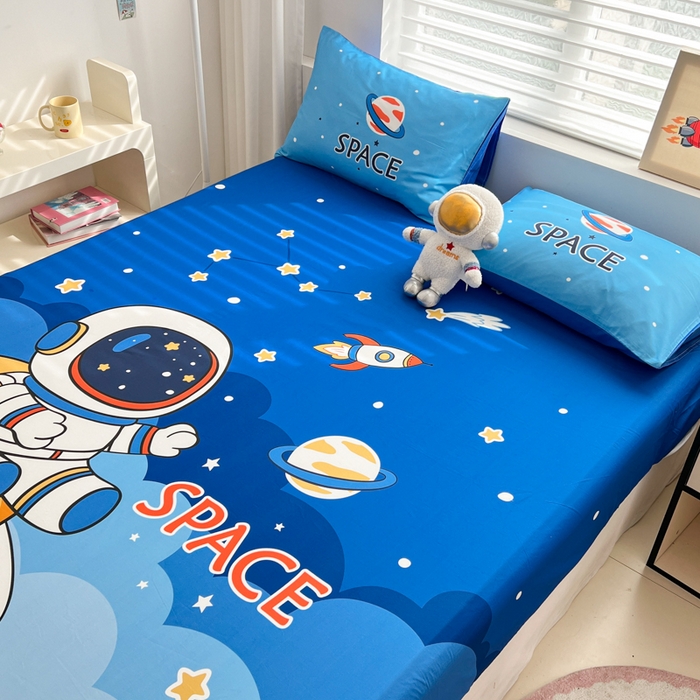 91家纺网 家纺一手货源 找家纺 孩子王家纺 2026新款卡通全棉纯棉专版太空人印花单床笠床笠单件单品床笠 太空旅行
