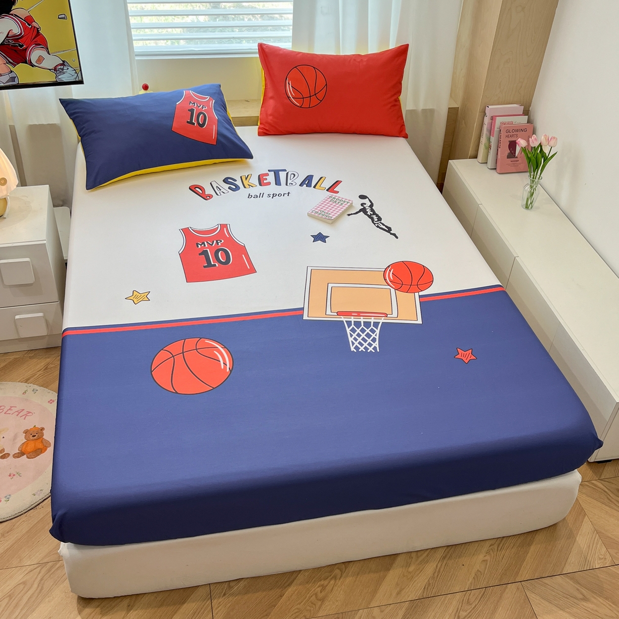 91家纺网 家纺一手货源 找家纺 孩子王家纺 2026新款卡通全棉纯棉专版太空人印花单床笠床笠单件单品床笠 灌篮少年