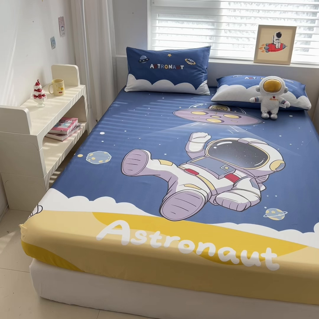 91家纺网 家纺一手货源 找家纺 孩子王家纺 2026新款卡通全棉纯棉专版太空人印花单床笠床笠单件单品床笠 银河漫游