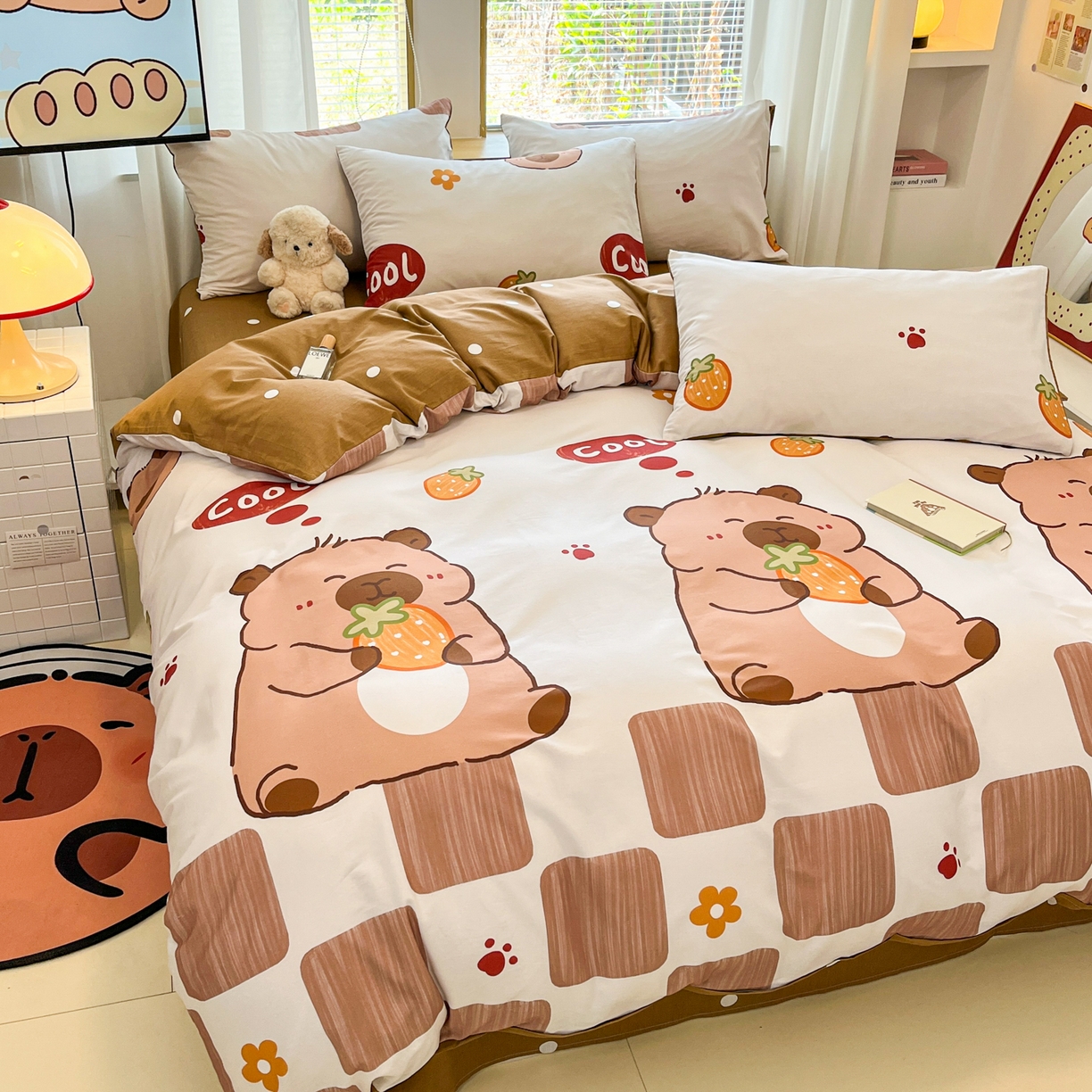 91家纺网 家纺一手货源 找家纺 孩子王家纺 2026新款卡通活性亲全棉纯棉专版太空人恐龙系列四件套 乖巧卡皮