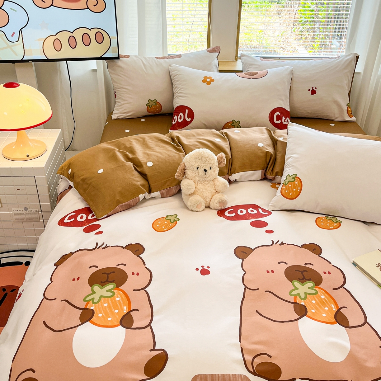 91家纺网 家纺一手货源 找家纺 孩子王家纺 2026新款卡通活性亲全棉纯棉专版太空人恐龙系列四件套 乖巧卡皮