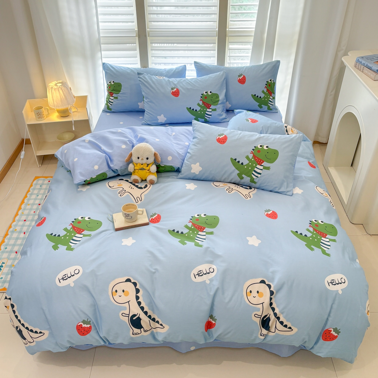 91家纺网 家纺一手货源 找家纺 孩子王家纺 2026新款卡通活性亲全棉纯棉专版太空人恐龙系列四件套 恐龙的早安