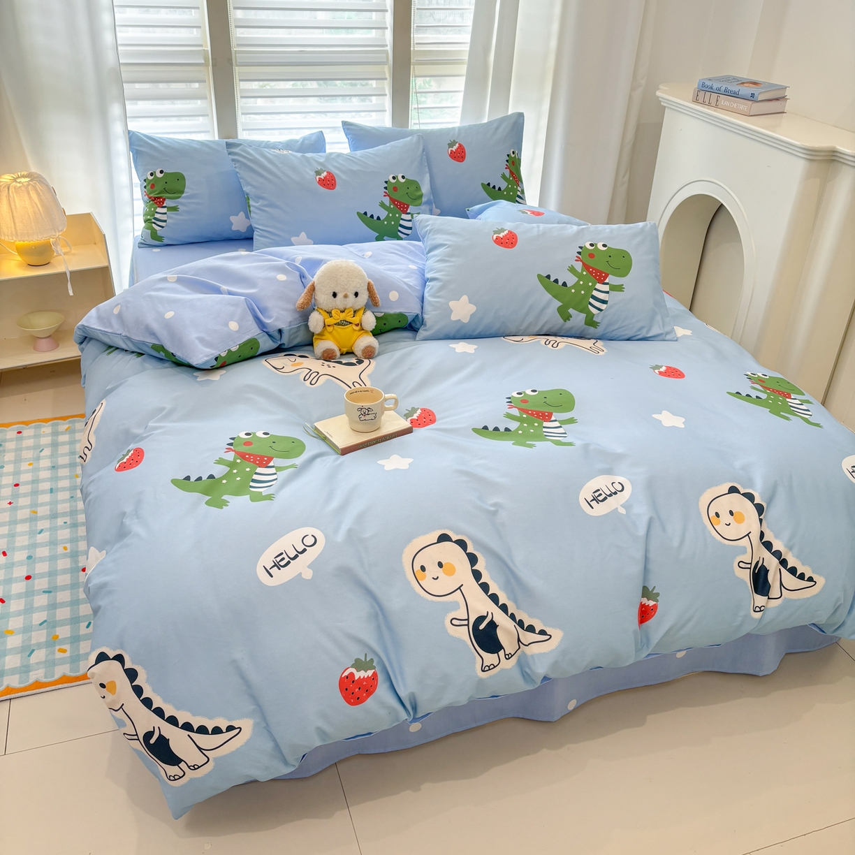 91家纺网 家纺一手货源 找家纺 孩子王家纺 2026新款卡通活性亲全棉纯棉专版太空人恐龙系列四件套 恐龙的早安